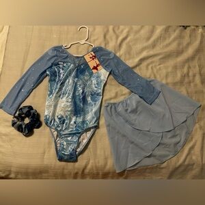 NWT Girls Blue Leotard with Bedazzled Sleeves, Skirt, and Scrunchie